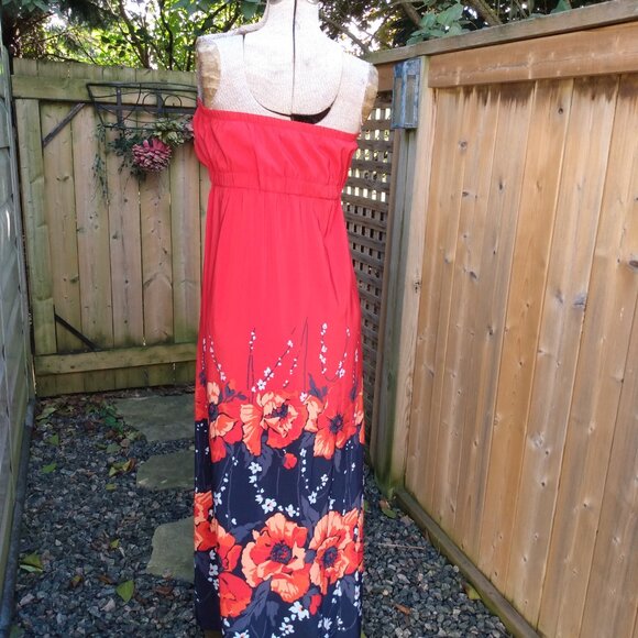 Strapless Red Dress Size Small Chic by Jacob Red Floral Border - Picture 6 of 9